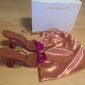 Amina Muaddi pink block heels
